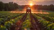 © familymedia - Evening sun gilds a tractor as it sprays crops, exemplifying modern agricultural practices and food production