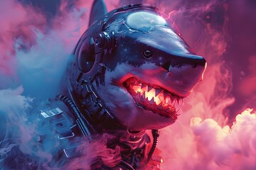 Sticker - Fearsome Cyborg Shark Warrior Surrounded by Iridescent Swirling Color Smoke in Vivid Atmosphere