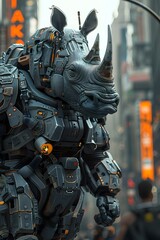 Wall Mural - Fearsome Rhinoceros Cyborg Warrior with Gleaming Armored Body and Advanced Weaponry in Moody Futuristic Cityscape