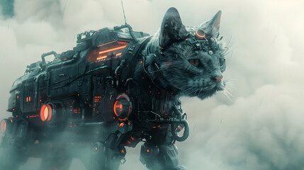 Wall Mural - Fierce Cyborg Cat Warrior Stands Tall in Mystical Fog-Filled Digital Realm