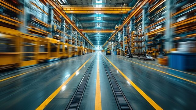 An image showcasing motion blur in a warehouse with high shelves and industrial lighting