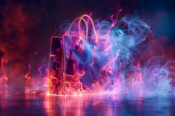 Poster - Levitating Neon-Engulfed Shopping Bag in Ethereal Digital Glitch Art Landscape