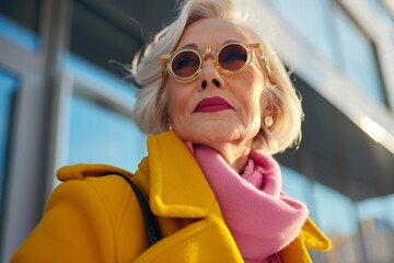 Wall Mural - Confident elderly woman in vibrant yellow coat and stylish sunglasses