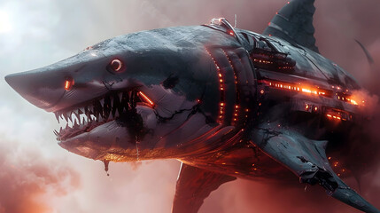 Wall Mural - Menacing Cyborg Shark Warrior in Crimson Smoke Atmosphere,Cinematic 3D Visualization