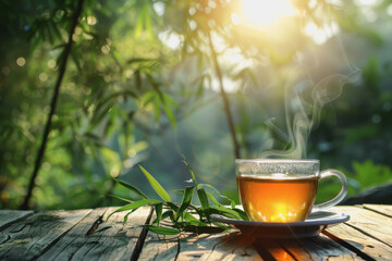 A cup of bamboo leaf tea on a wooden table on a nature background, a big copy space