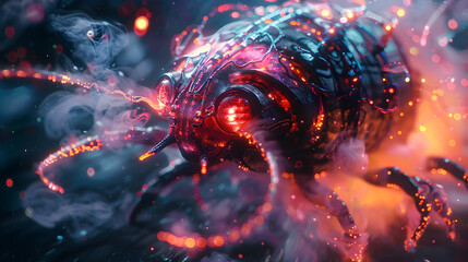 Poster - Menacing Cyborg Snail Warrior with Plasma Cannons and Razor-Sharp Pincers Surrounded by Swirling Neon Smoke