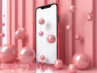 A blank screen of a mobile phone in a soft pink background with balloon party, iOS. AI Generative