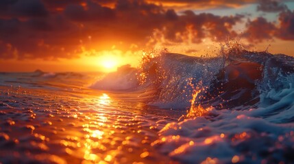 Wall Mural - The warm glow of the setting sun casts reflections and highlights on the splashing waves, evoking a sense of calm and majesty at the ocean
