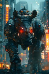 Wall Mural - Towering Cyborg Rhinoceros Warrior in Neon-Lit City 3D Rendering