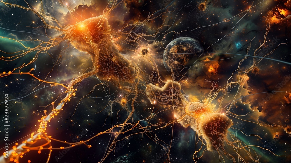 An abstract representation of a neural network, with glowing synapses ...