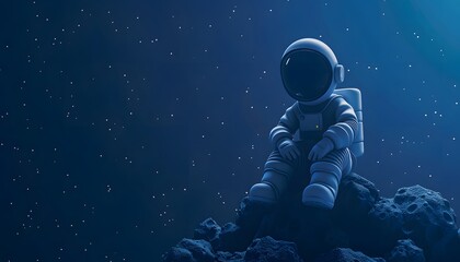 Wall Mural - A 3D cartoon astronaut sitting on a crescent moon  with a solid dark purple background