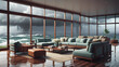 © Ehtasham - Interior architectural hi-res editorial living room with massive glass windows overlooking the ocean, hurricane outside, torrential rain, detailed, high resolution, photorrealistic