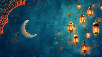 Wall Mural - ramadan background with lanterns and crescent moon islamic greeting card