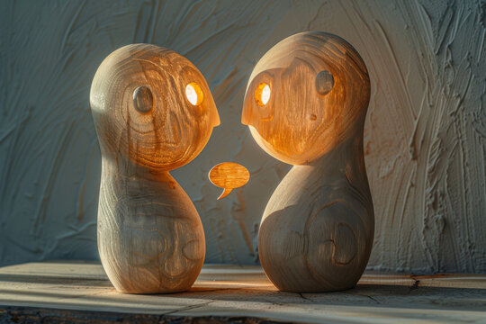 Two wooden figurines are sitting on a table