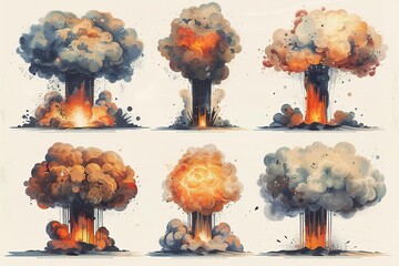 Wall Mural - Isolated nuclear explosion set with mushroom cloud. Generative Ai