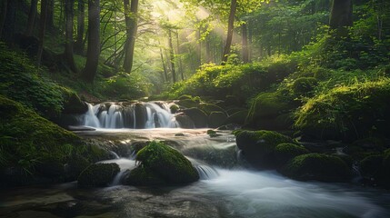 Canvas Print - serene stream flowing through lush forest at cascade du herisson in france nature landscape photography