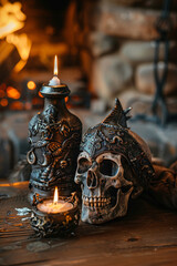 A skull is on a table next to a candle and a bottle