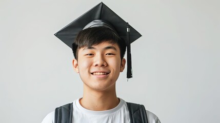 smiling asian male university student against white background education portrait