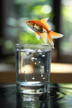 A fish is jumping out of a glass of water