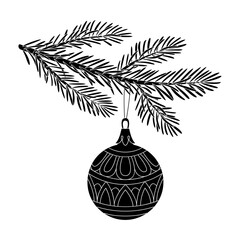 Wall Mural - Christmas tree branch with christmas ball silhouette. Modern black and white bauble. Decor for Christmas, new year and holidays. Hand drawn doodle style isolated on white. Vector illustration