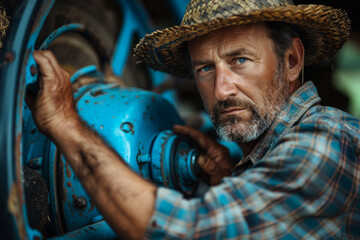 A man in a straw hat is working on a blue tractor