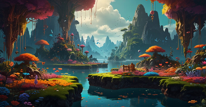 Fantastical scene with colorful flora, filled with surreal, joyful elements and tropical island