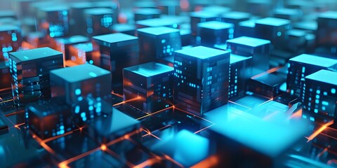 Poster - futuristic cityscape architectural abstract with geometric patterns and cubes in vibrant blue and re