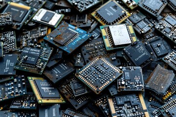 Poster - closeup view of discarded and scattered computer microchips and circuit boards