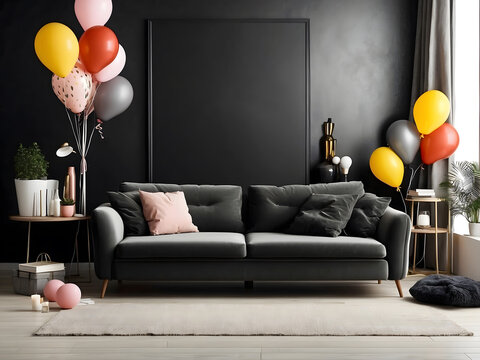 Black Friday sales banner poster with sofa couch furniture gifts and balloons design.