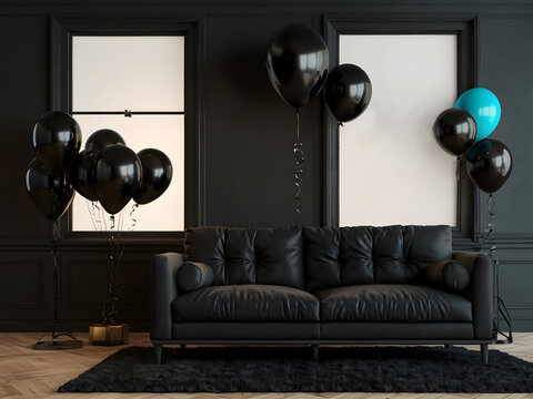 Black Friday sales banner poster with sofa couch furniture gifts and balloons design.