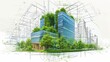 © Bijac - sustainable green building practices in architectural blueprints ecofriendly construction planning digital concept illustration