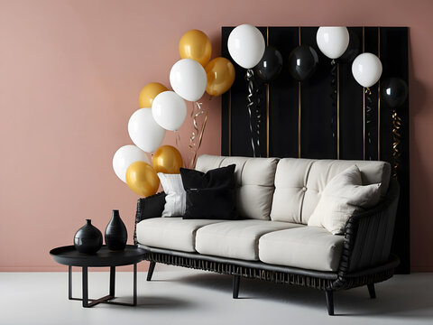 Black Friday sales banner poster with sofa couch furniture gifts and balloons design.