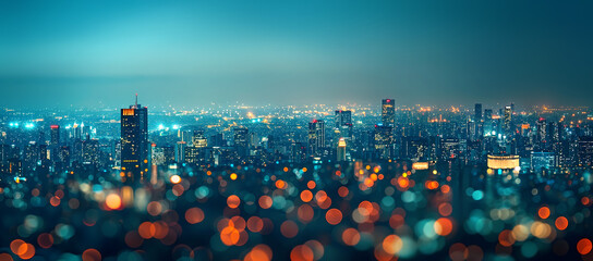 City by night, skyscrapers glowing defocused lights, financial district abstract background