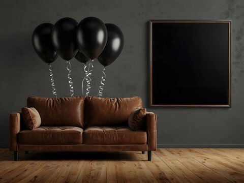 Black Friday sales banner poster with sofa couch furniture gifts and balloons design.