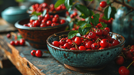 Wall Mural - Vibrant Red Berries In A Traditional Ceramic Bowl Shine With on Blurry Wooden Background