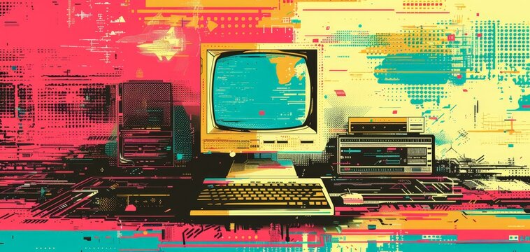 Vintage computer setup with vibrant abstract background, ideal for retro technology themes.