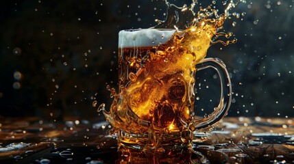 beer mug with splashing beer on a dark background