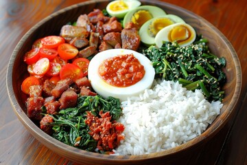 Wall Mural - Delicious asian bibimbap bowl with rice, vegetables, and spicy sauce