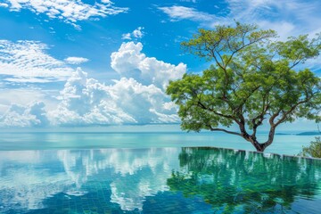 Wall Mural - Tranquil infinity pool with ocean view under a clear blue sky