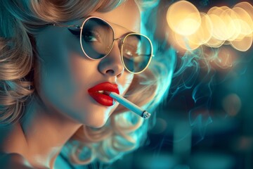 Wall Mural - Glamorous blonde woman with red lipstick smoking in neon light