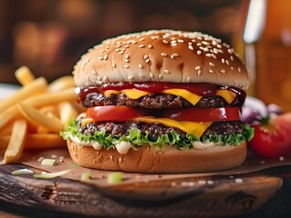 'burger fries wooden french fast food bun cheese cheeseburger classic eat fresh hamburger isolated ketchup lettuce meal meat minced onion salad sandwich sesame snack tomatoes vegetable