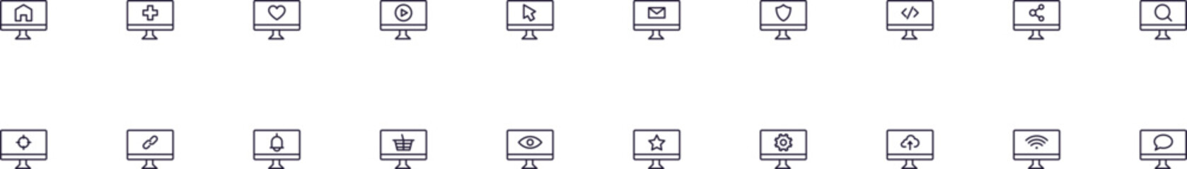 Items on computer line icons pack. Simple outline sign and editable stroke for web sites, articles, books, apps