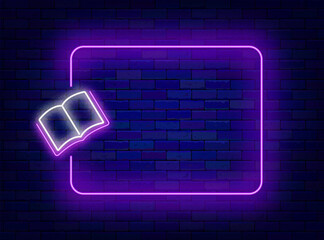Wall Mural - Stationery store neon poster. Back to school. Special offer invitation. Shiny greeting card. Empty purple frame and open book. Glowing banner. Editing text. Vector stock illustration
