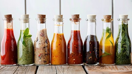Colorful set of homemade natural sauces in glass bottles on a rustic kitchen table