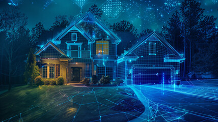 An illustration of smart security,  protective digital boundary traces the edges of  doors, windows, walls and the permiter of the yard; A suburban home with a digital grid covering the property, 
