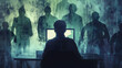 © tracy - A man is sitting at a desk in front of a computer screen. The screen is showing a man's shadow and the silhouettes of other people. Concept of isolation and loneliness