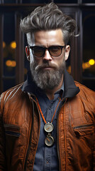 Wall Mural - Portrait of a bearded man in sunglasses with stylish haircut.