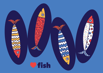 Wall Mural - Cute sardines. Vintage greeting card.