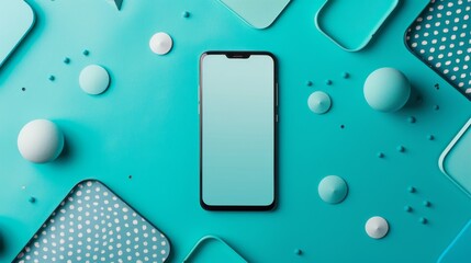 Poster - Pop art inspired mockup with smartphone on vibrant turquoise background with geometric shapes