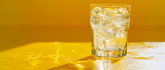 A glass of water with ice cubes in it sits on a yellow table. Concept of refreshment and relaxation, as the cold water